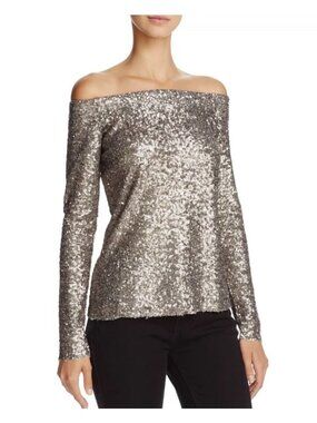 Bailey 44 Women's Off Shoulder Top Sz M Silver Sequin Long Sleeve Evening Party